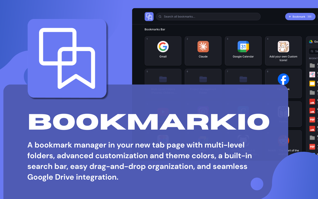 Bookmarkio new tab page showing bookmark folders and Google Drive search